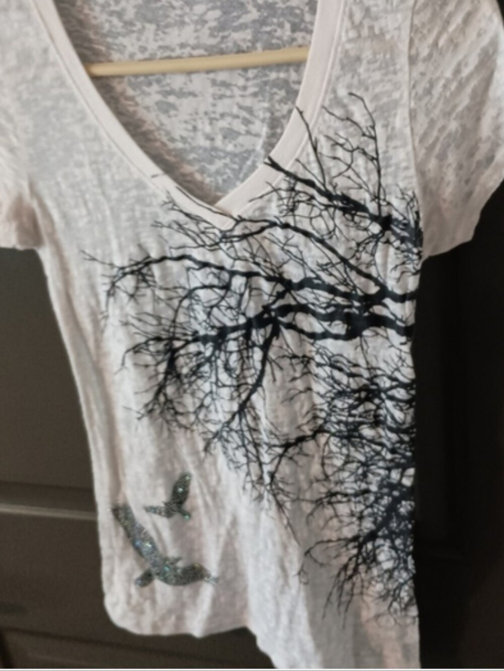 Love Culture White V-Neck Tee with Black Tree Graphic